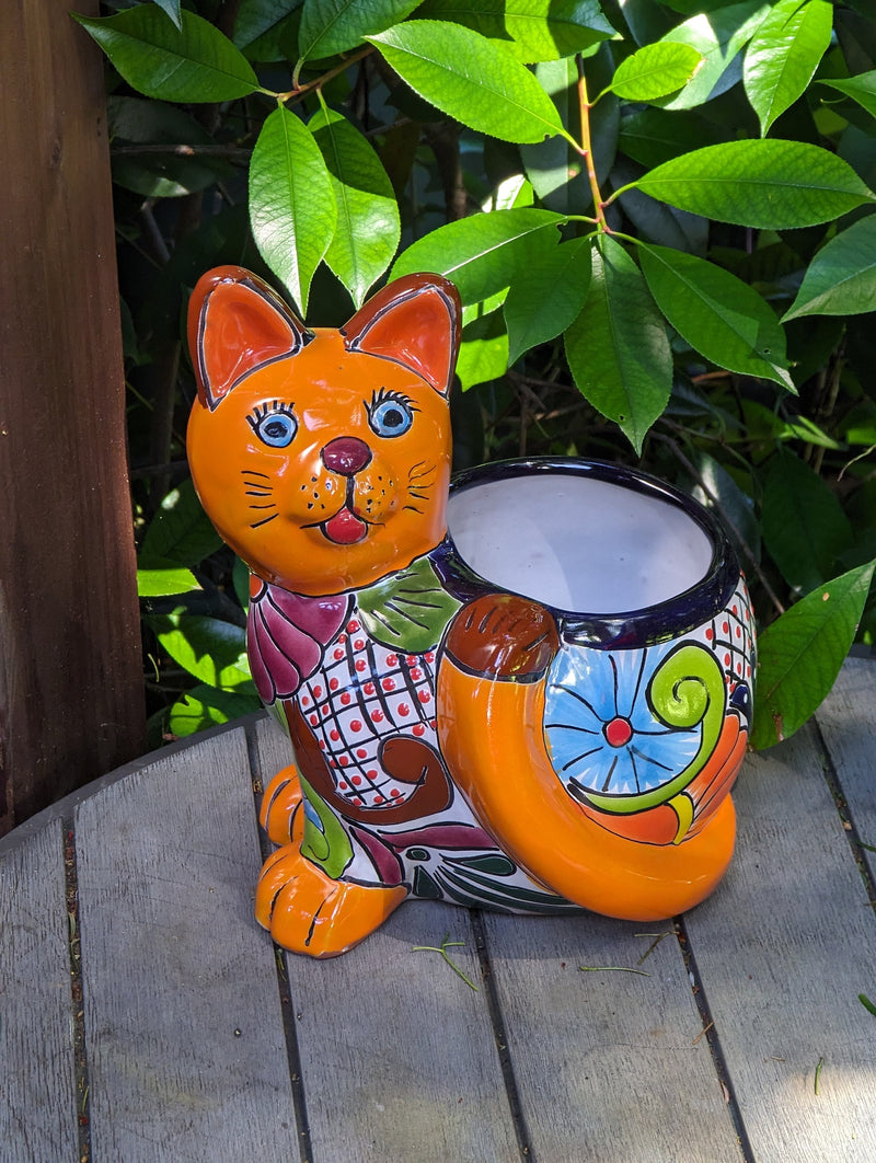 Talavera Cat Flower Pot  Ceramic Planter Home Decor, Handmade Indoor Outdoor Planter Pot, Mexican Pottery Yard & Garden Decor