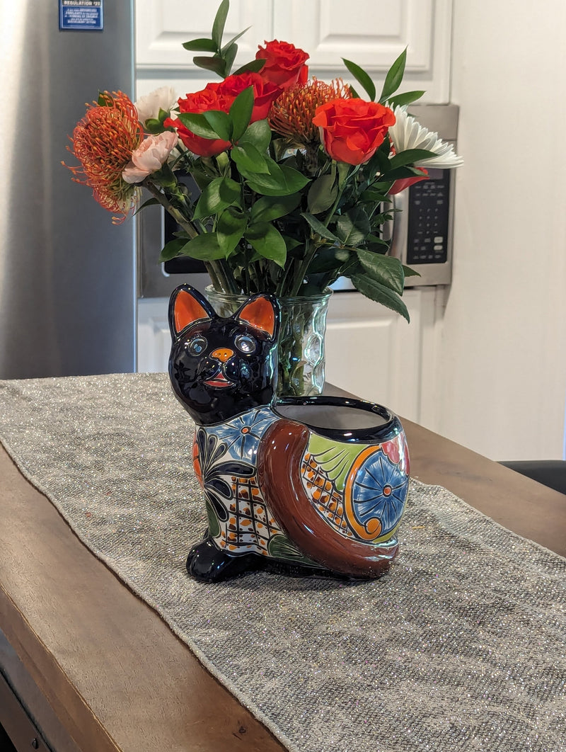 Handmade Talavera Cat Plant Pot | Ceramic Planter & Mexican Yard Art Will Infuse Your Home or Garden Decor with a Burst of Rainbow Colors