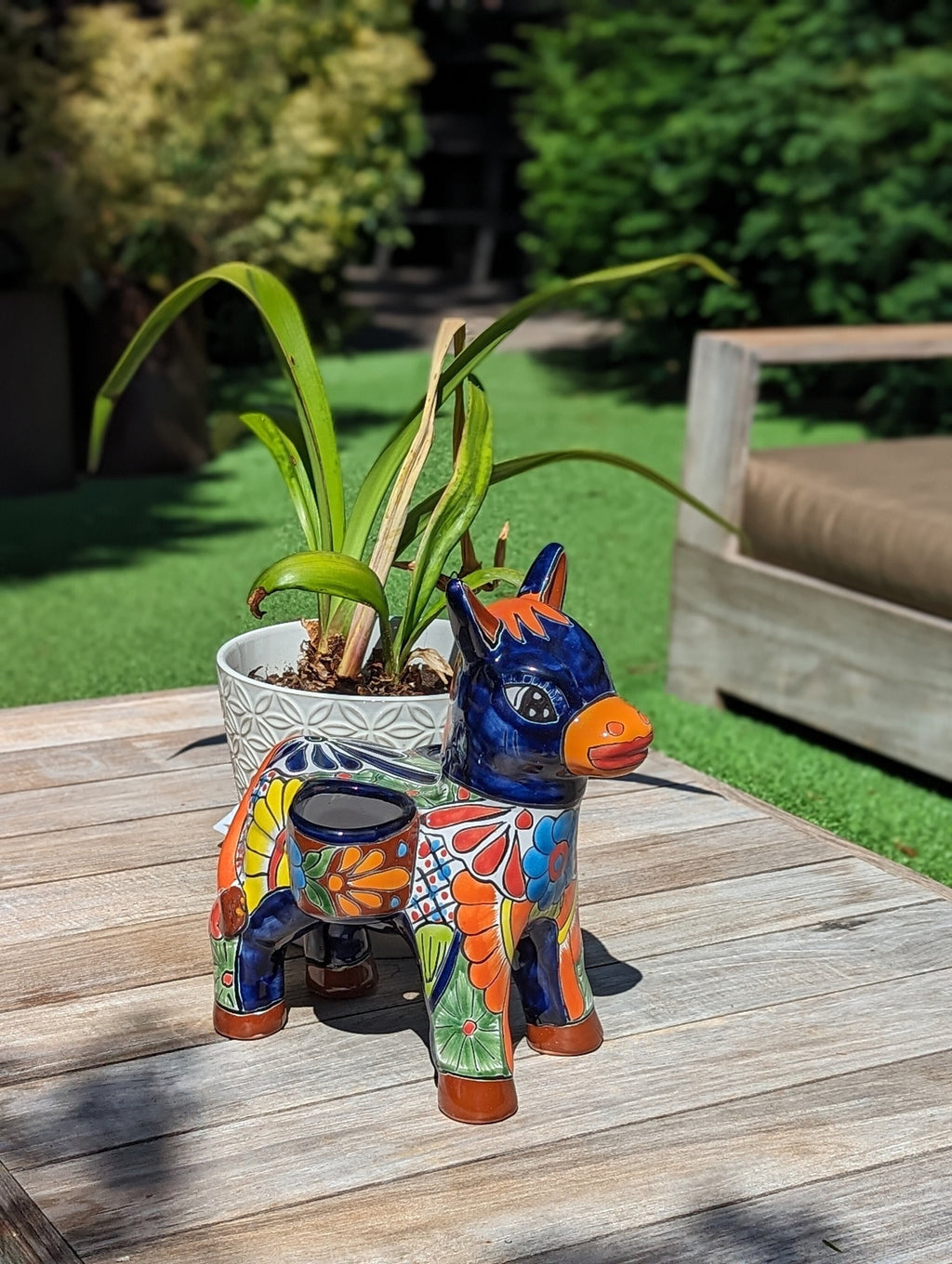 Handmade Talavera Donkey Planter is Mexican Pottery | Ceramic Plant Pot for Outdoor Garden or Indoor Home Decor, Hand Painted Yard Art