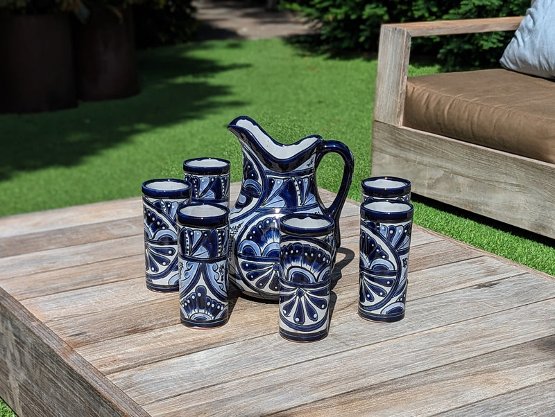 Talavera Ceramic Pitcher & Six Glasses Handmade Mexican Pottery, Ceramic Water Pitcher Set for the Kitchen or Dining Room or Outdoor Picnic