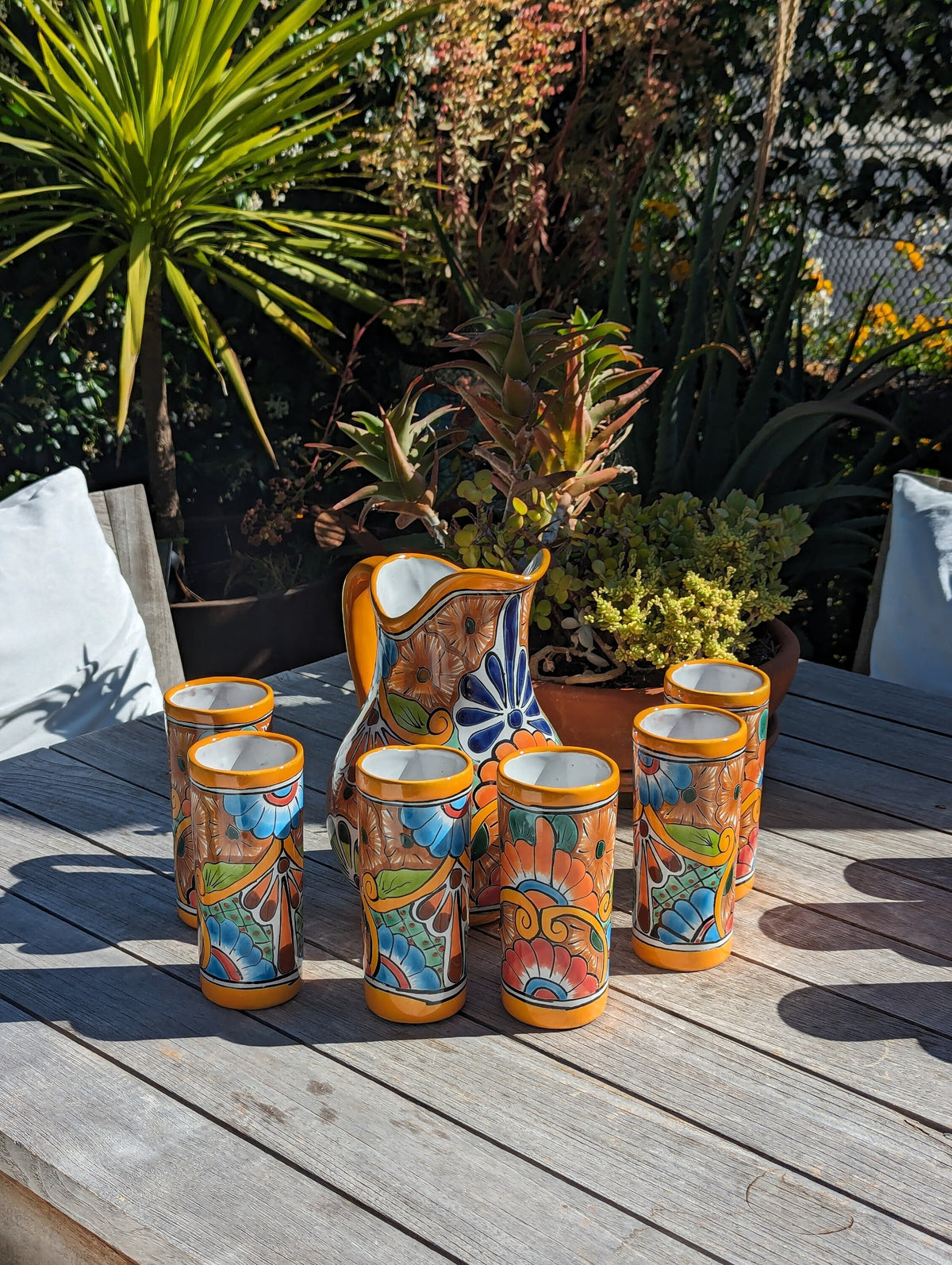 Talavera Ceramic Pitcher & Six Glasses Handmade Mexican Pottery, Ceramic Water Pitcher Set for the Kitchen or Dining Room or Outdoor Picnic