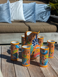 Talavera Ceramic Pitcher & Six Glasses Handmade Mexican Pottery, Ceramic Water Pitcher Set for the Kitchen or Dining Room or Outdoor Picnic