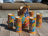 Talavera Ceramic Pitcher & Six Glasses Handmade Mexican Pottery, Ceramic Water Pitcher Set for the Kitchen or Dining Room or Outdoor Picnic