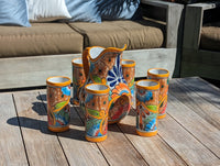 Talavera Ceramic Pitcher & Six Glasses Handmade Mexican Pottery, Ceramic Water Pitcher Set for the Kitchen or Dining Room or Outdoor Picnic