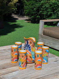 Talavera Ceramic Pitcher & Six Glasses Handmade Mexican Pottery, Ceramic Water Pitcher Set for the Kitchen or Dining Room or Outdoor Picnic