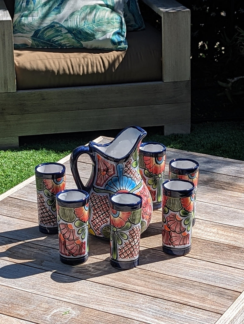 Talavera Ceramic Pitcher & Six Glasses Handmade Mexican Pottery, Ceramic Water Pitcher Set for the Kitchen or Dining Room or Outdoor Picnic