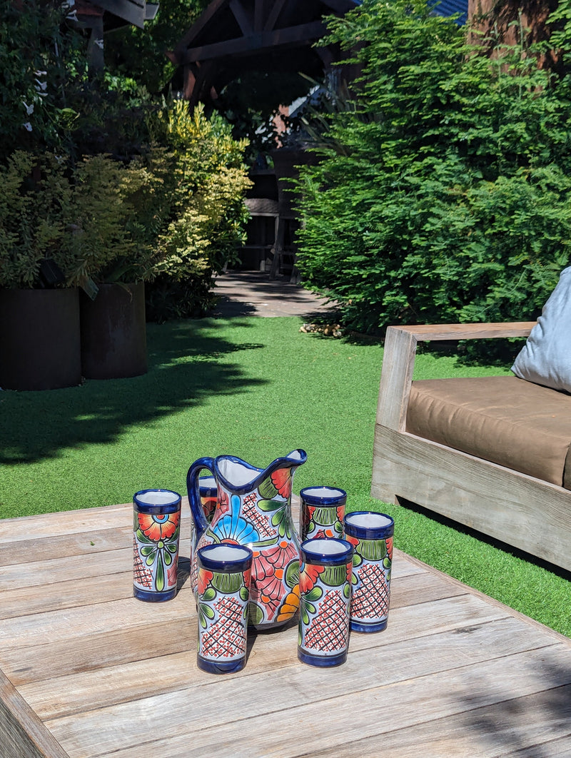 Talavera Ceramic Pitcher & Six Glasses Handmade Mexican Pottery, Ceramic Water Pitcher Set for the Kitchen or Dining Room or Outdoor Picnic