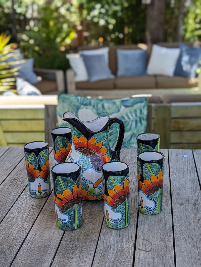 Talavera Ceramic Pitcher & Six Glasses Handmade Mexican Pottery, Ceramic Water Pitcher Set for the Kitchen or Dining Room or Outdoor Picnic