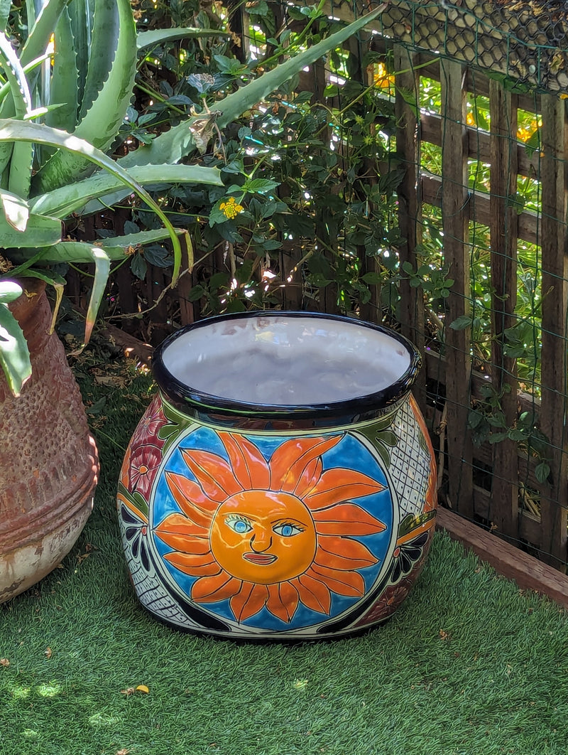 11.5" Oval Mexican Sun Flower Planter Pot is a Colorful, Handmade Talavera Ceramic Planter Pot for Home and Garden Decor, Outdoor Yard Art