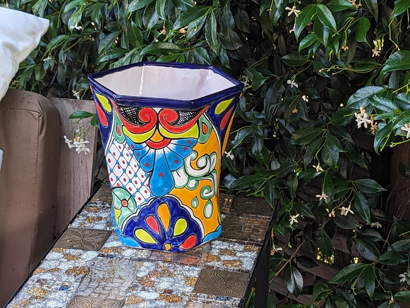 Hexagon Japanese Planter | Geometric Ceramic Flower Pot is Handmade Mexican Pottery for Outdoor Garden Decor, Indoor Home Decor Centerpiece