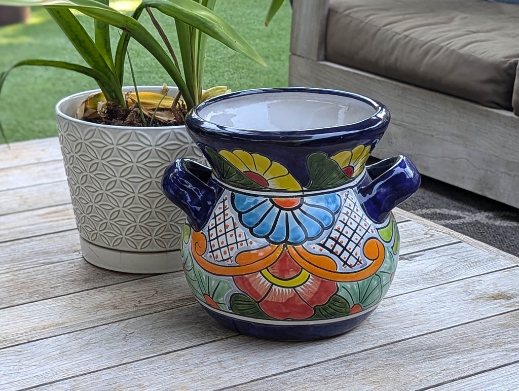 Colorful 10.5" Round Flower Pot, Talavera Ceramic Planter, Handmade Pottery is Outdoor Garden Decor, Indoor Home Decor