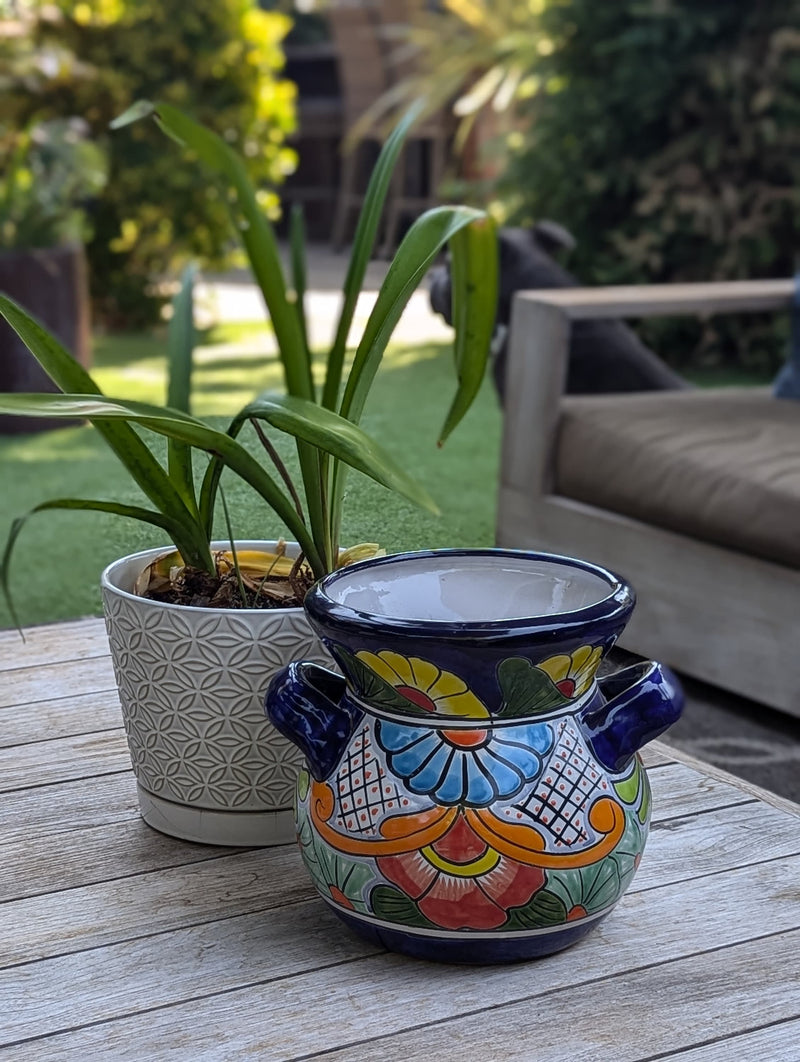 Colorful 10.5" Round Flower Pot, Talavera Ceramic Planter, Handmade Pottery is Outdoor Garden Decor, Indoor Home Decor