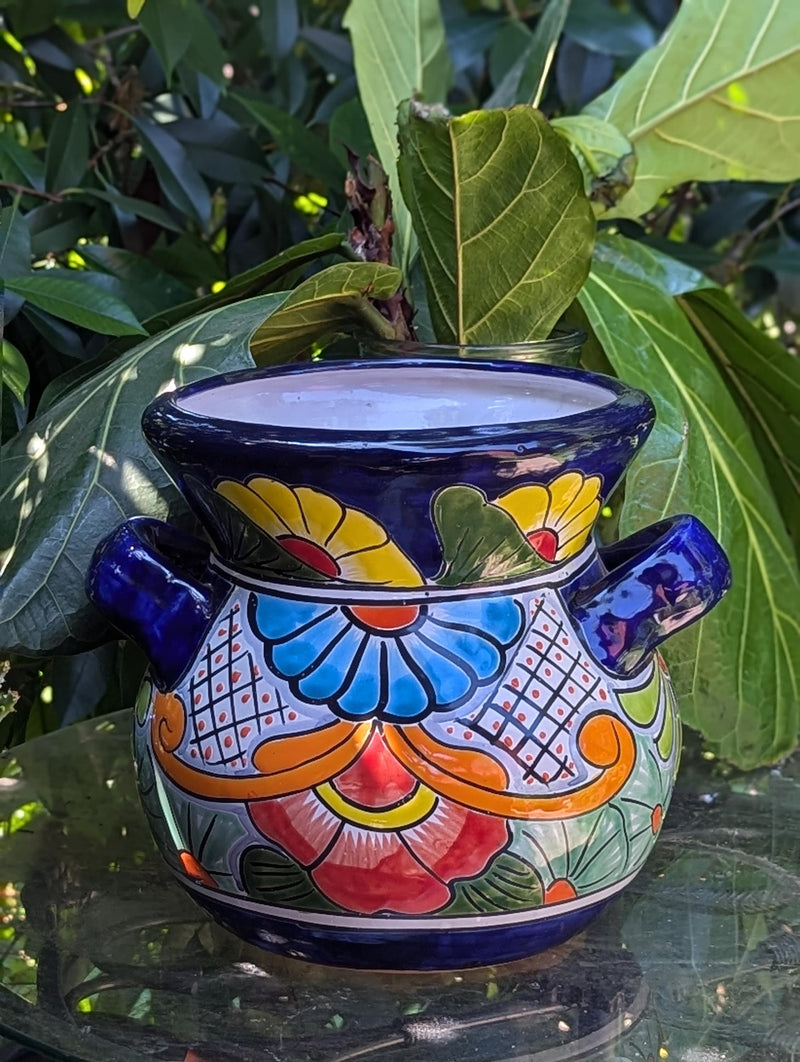 Colorful 10.5" Round Flower Pot, Talavera Ceramic Planter, Handmade Pottery is Outdoor Garden Decor, Indoor Home Decor