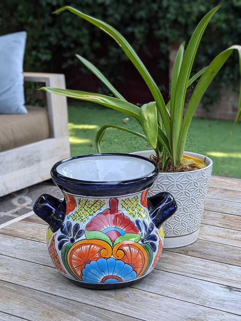 Colorful 10.5" Round Flower Pot, Talavera Ceramic Planter, Handmade Pottery is Outdoor Garden Decor, Indoor Home Decor