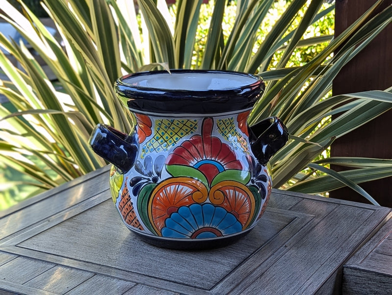 Colorful 10.5" Round Flower Pot, Talavera Ceramic Planter, Handmade Pottery is Outdoor Garden Decor, Indoor Home Decor