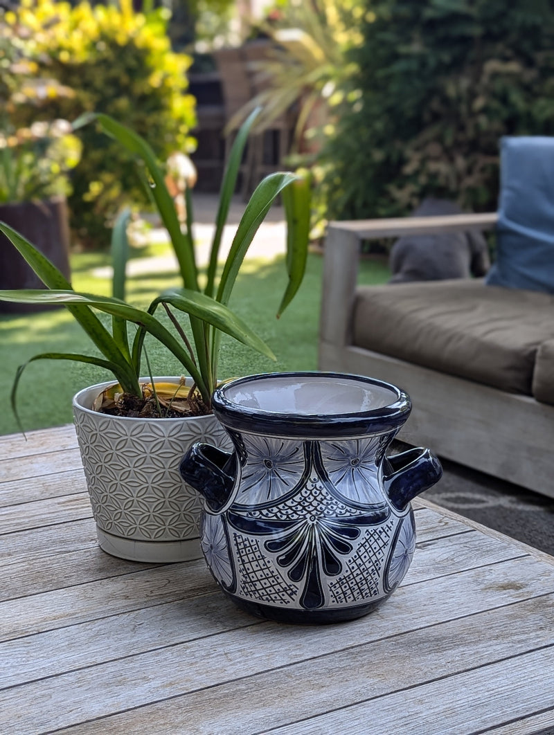 Blue & White 10.5" Round Flower Pot, Talavera Ceramic Planter, Handmade Pottery is Outdoor Garden Decor, Indoor Home Decor