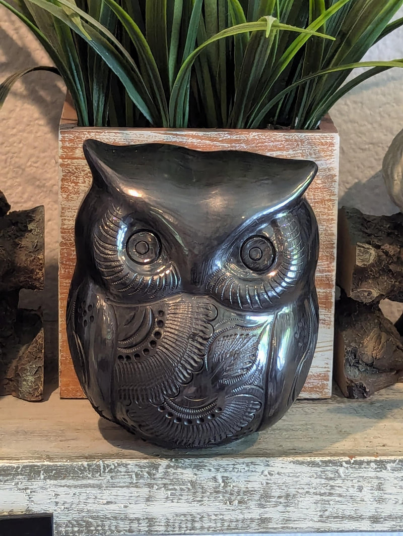 Ceramic Black Owl, Handmade Decorative Owl Statue Home Decor, Wise Owl Shelf Decor