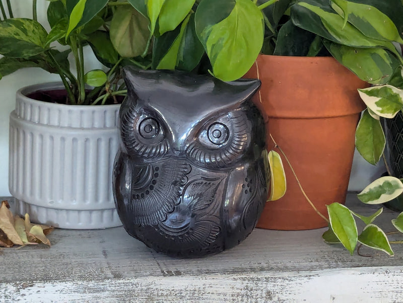 Ceramic Black Owl, Handmade Decorative Owl Statue Home Decor, Wise Owl Shelf Decor