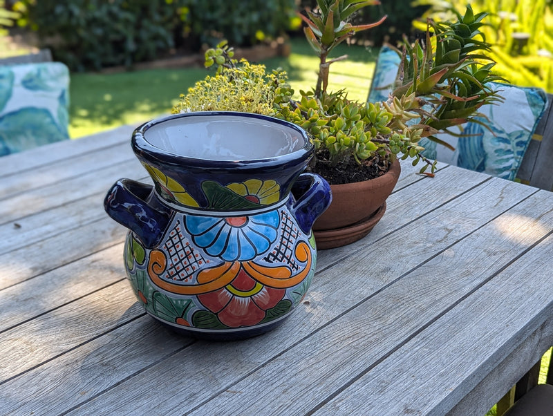 Colorful 10.5" Round Flower Pot, Talavera Ceramic Planter, Handmade Pottery is Outdoor Garden Decor, Indoor Home Decor