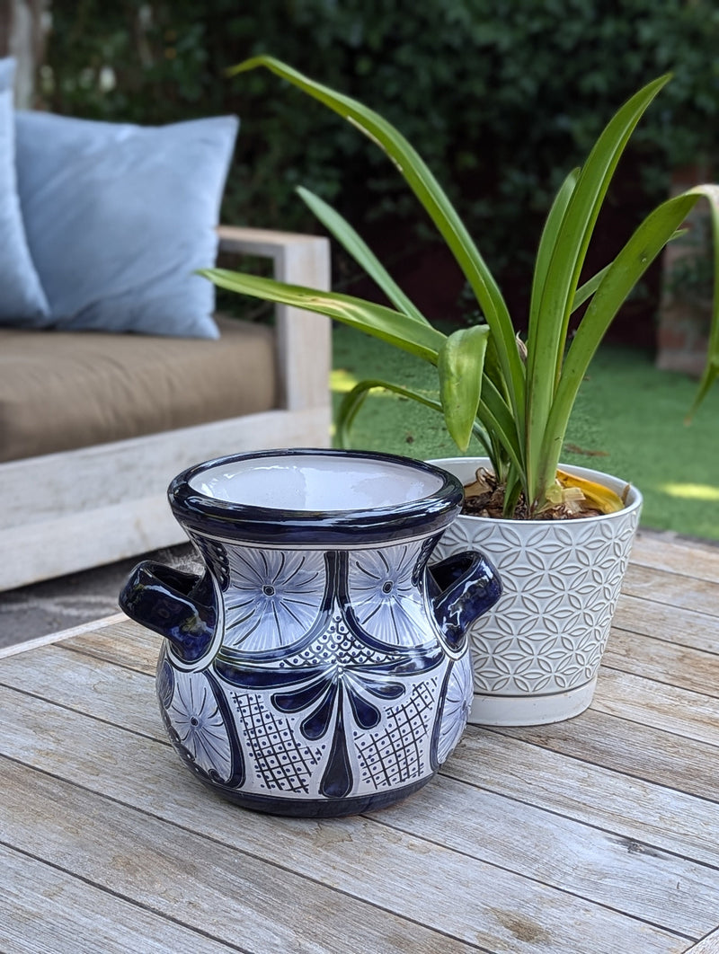 Blue & White 10.5" Round Flower Pot, Talavera Ceramic Planter, Handmade Pottery is Outdoor Garden Decor, Indoor Home Decor