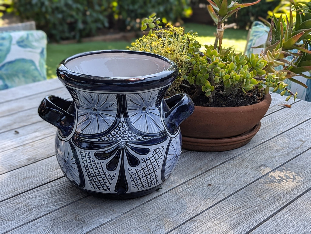 Blue & White 10.5" Round Flower Pot, Talavera Ceramic Planter, Handmade Pottery is Outdoor Garden Decor, Indoor Home Decor