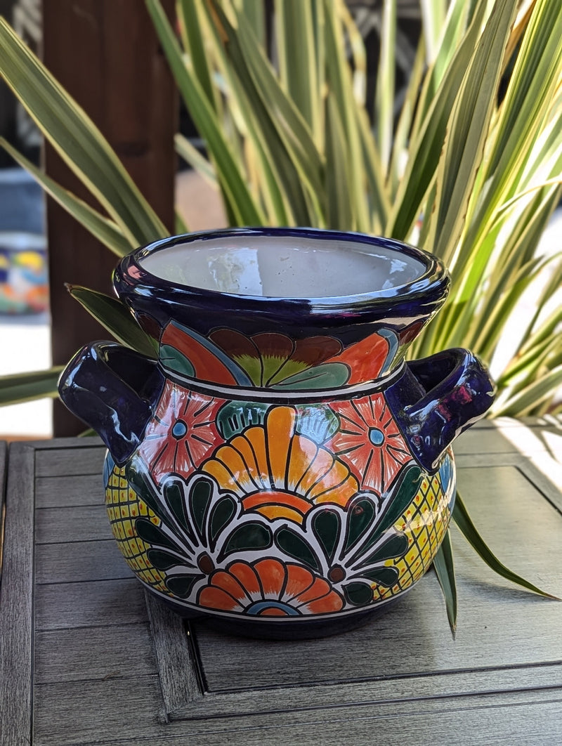 Colorful 10.5" Round Flower Pot, Talavera Ceramic Planter, Handmade Pottery is Outdoor Garden Decor, Indoor Home Decor