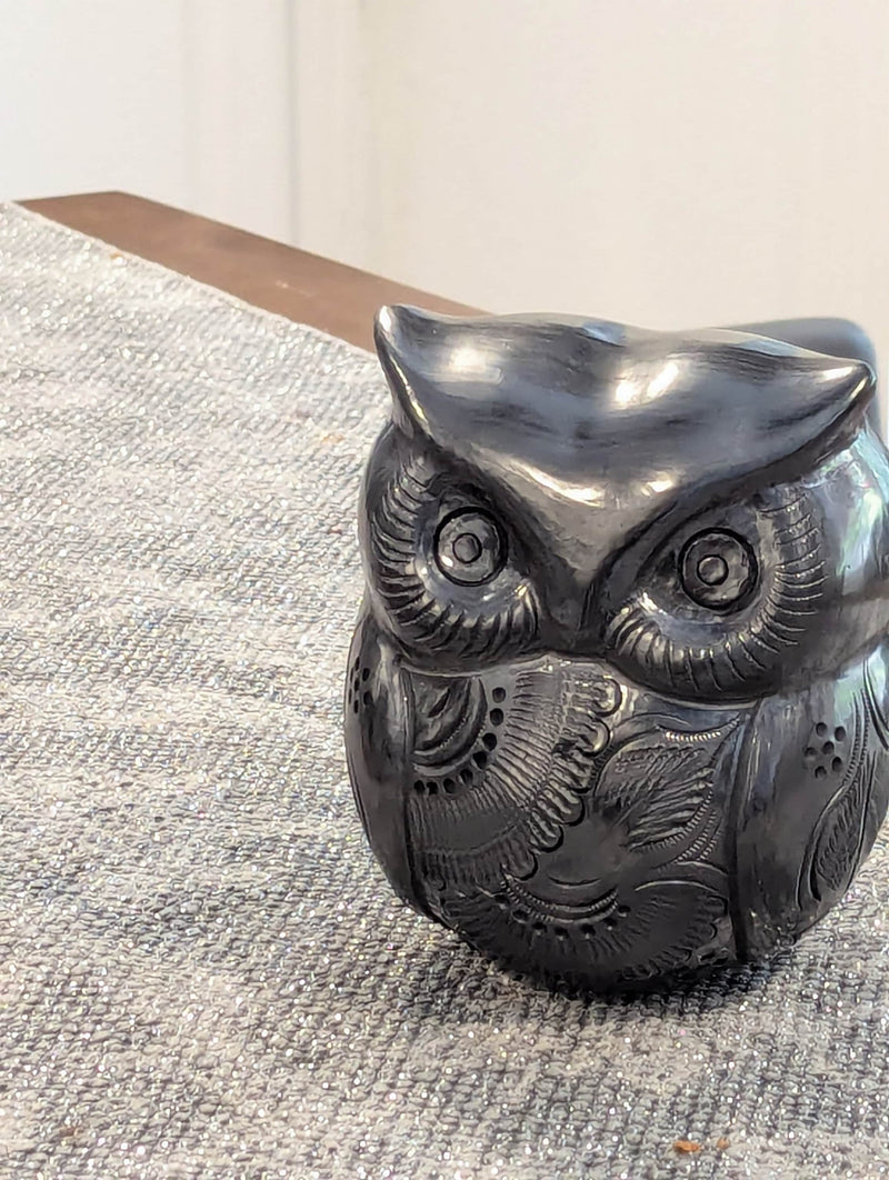 Ceramic Black Owl, Handmade Decorative Owl Statue Home Decor, Wise Owl Shelf Decor