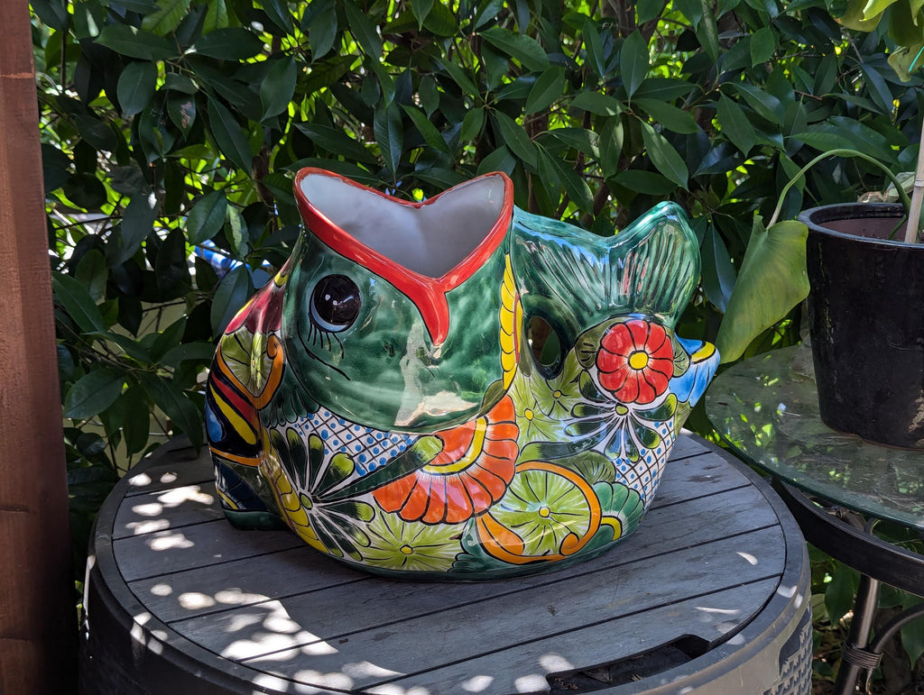 Talavera Whale Planter is Hand Painted Ceramic Mexican Pottery | Large Fish Planter Pot for Yard Art & Outdoor Garden Decor