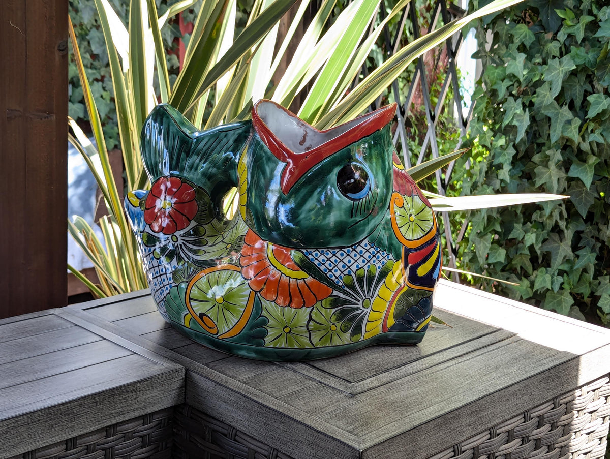 Talavera Whale Planter is Hand Painted Ceramic Mexican Pottery | Large Fish Planter Pot for Yard Art & Outdoor Garden Decor