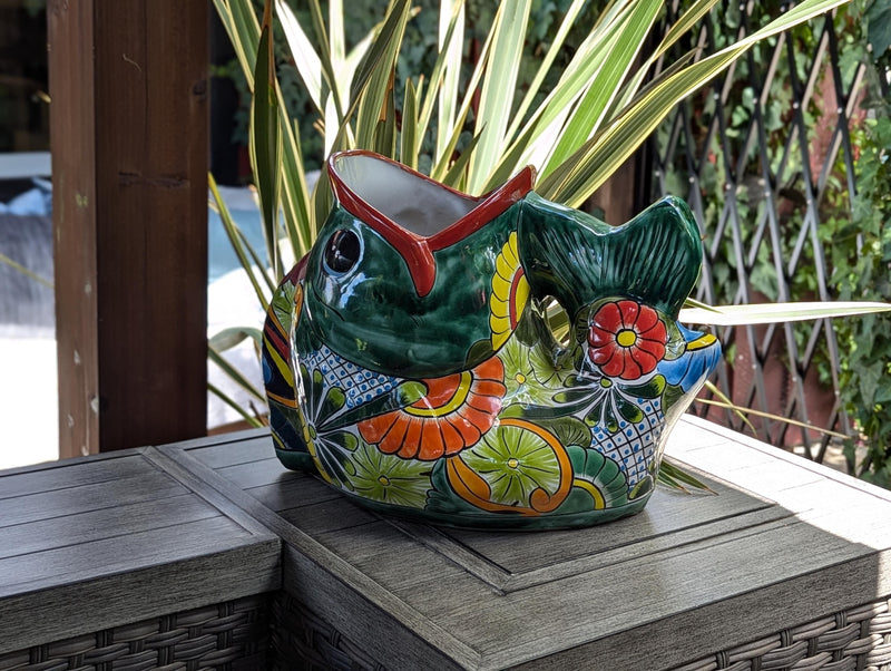 Talavera Whale Planter is Hand Painted Ceramic Mexican Pottery | Large Fish Planter Pot for Yard Art & Outdoor Garden Decor