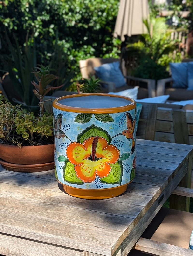 14" Tall Hummingbird Flower Pot | Colorful Talavera Ceramic Planter is Handmade Mexican Pottery, Garden and Home Decor or Housewarming Gift