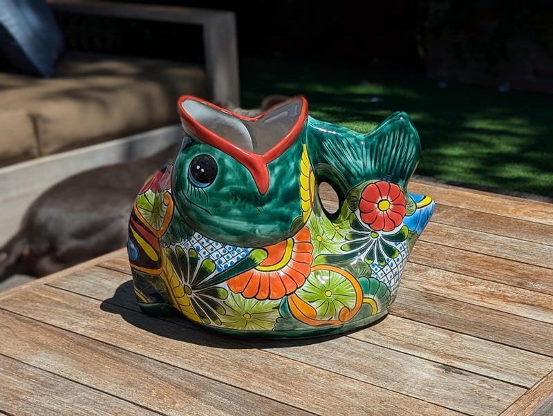 Talavera Whale Planter is Hand Painted Ceramic Mexican Pottery | Large Fish Planter Pot for Yard Art & Outdoor Garden Decor