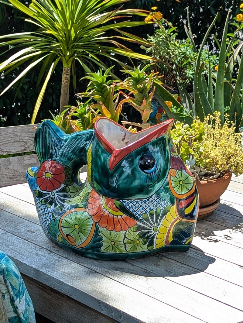 Talavera Whale Planter is Hand Painted Ceramic Mexican Pottery | Large Fish Planter Pot for Yard Art & Outdoor Garden Decor