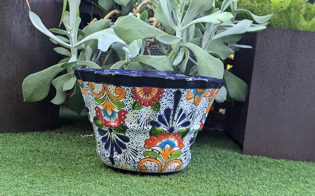 Colorful 17" Wide Margarita Ceramic Planter, Large Planter Pot Talavera Pottery, Indoor Outdoor Decor Flower Pot Handmade In Mexico