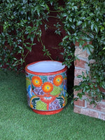 14" Tall Round Flower Pot Colorful Talavera Ceramic Planter is Handmade Mexican Pottery, Garden and Home Decor or Housewarming Gift