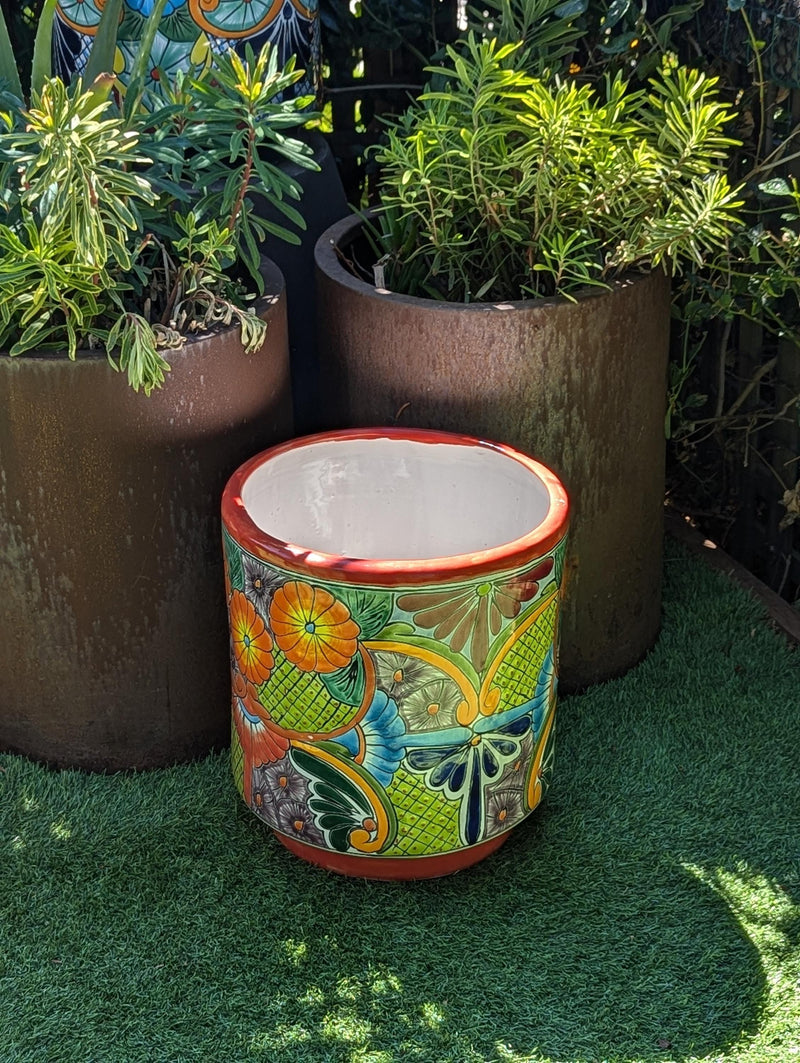 14" Tall Round Flower Pot Colorful Talavera Ceramic Planter is Handmade Mexican Pottery, Garden and Home Decor or Housewarming Gift