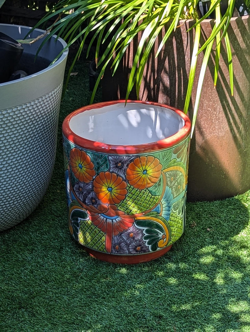 14" Tall Round Flower Pot Colorful Talavera Ceramic Planter is Handmade Mexican Pottery, Garden and Home Decor or Housewarming Gift