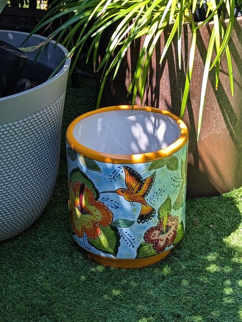 14" Tall Hummingbird Flower Pot | Colorful Talavera Ceramic Planter is Handmade Mexican Pottery, Garden and Home Decor or Housewarming Gift