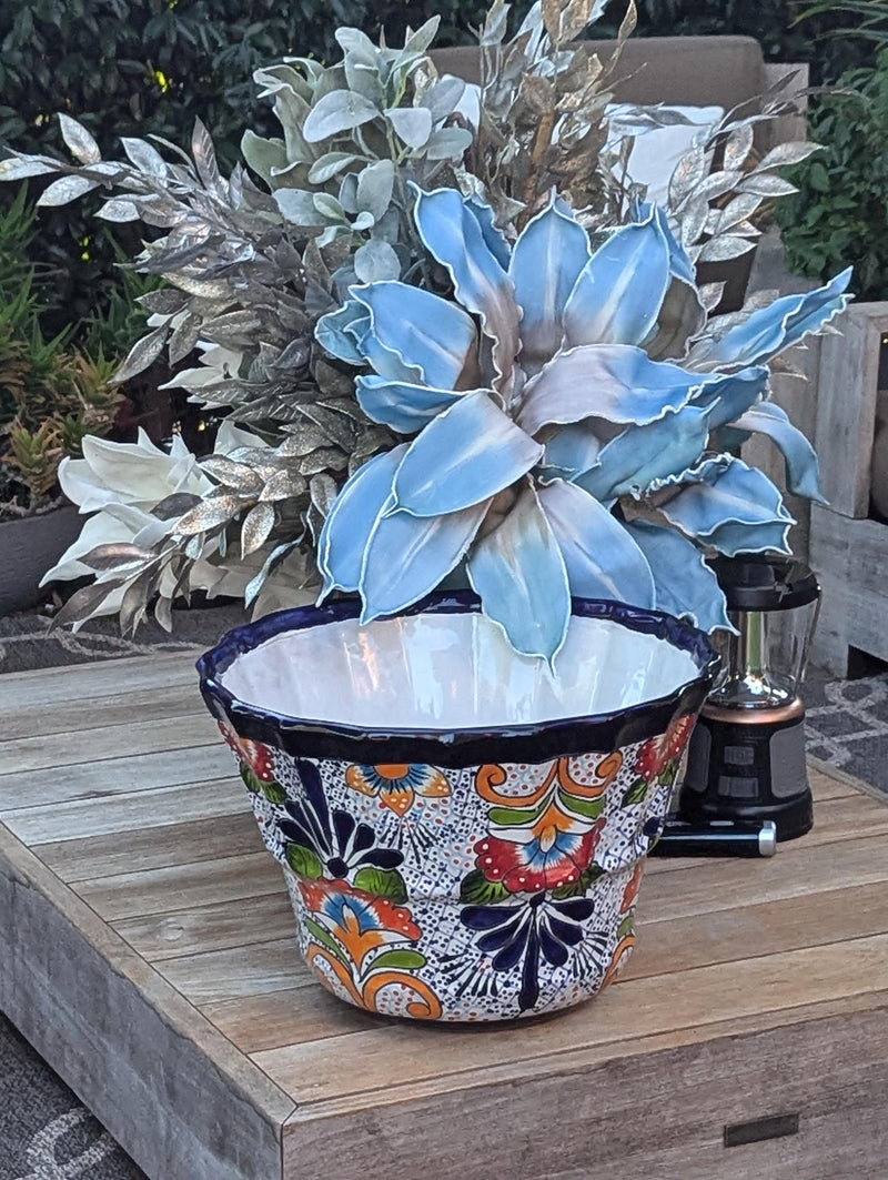 Colorful 17" Wide Margarita Ceramic Planter, Large Planter Pot Talavera Pottery, Indoor Outdoor Decor Flower Pot Handmade In Mexico