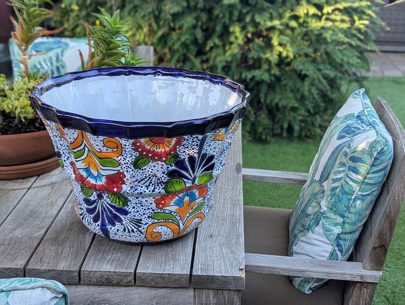 Colorful 17" Wide Margarita Ceramic Planter, Large Planter Pot Talavera Pottery, Indoor Outdoor Decor Flower Pot Handmade In Mexico