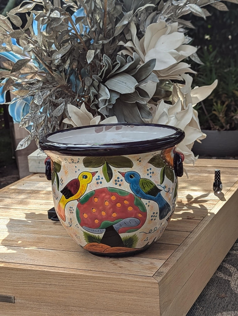 15" Round Flower Pot & Ceramic Planter is Handmade Mexican Talavera Pottery, Garden and Home Decor Featuring Birds | Great Housewarming Gift