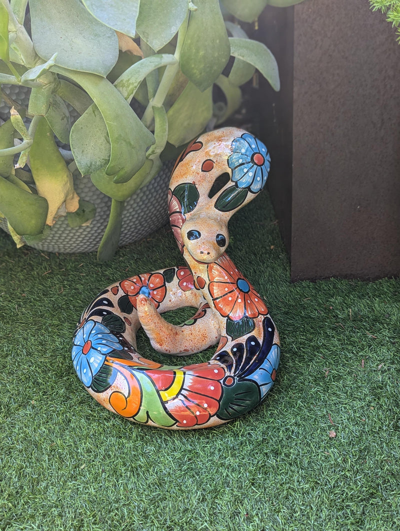 Talavera Rattlesnake Figurine Ceramic Mexican Pottery, Outdoor Snake Decor and Garden Statue Handmade in Mexico