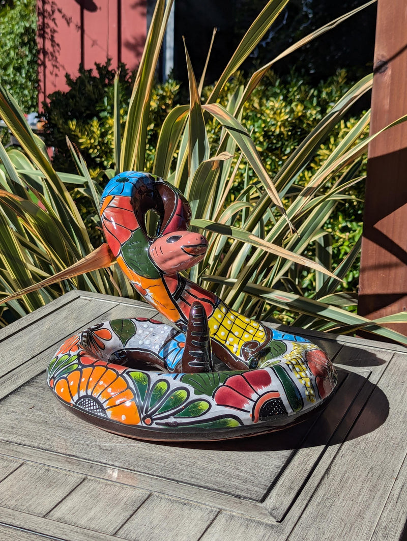 Talavera Rattlesnake Figurine Ceramic Mexican Pottery, Outdoor Snake Decor and Garden Statue Handmade in Mexico