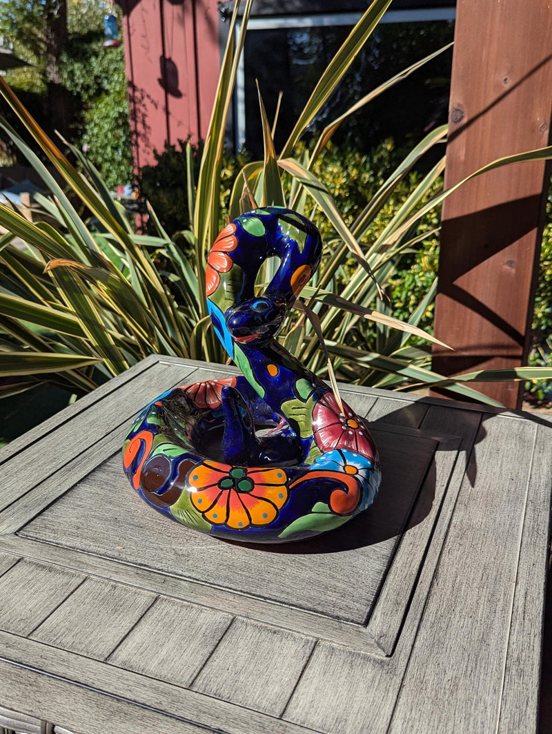 Talavera Rattlesnake Figurine Ceramic Mexican Pottery, Outdoor Snake Decor and Garden Statue Handmade in Mexico