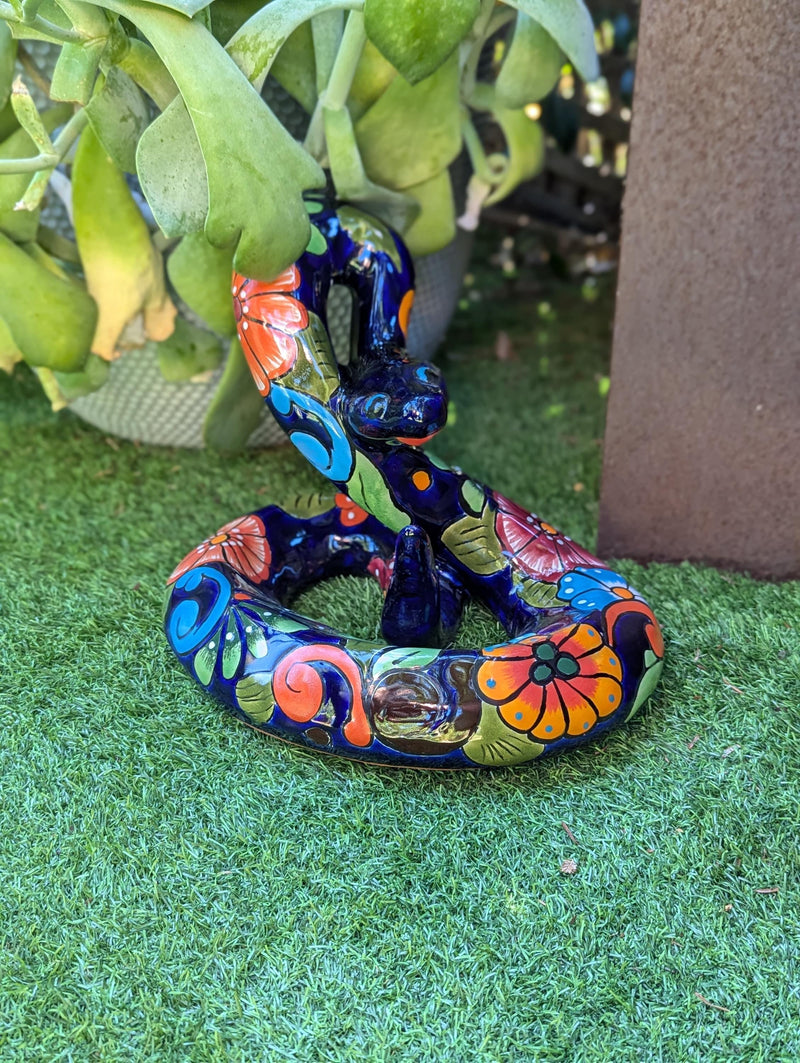 Talavera Rattlesnake Figurine Ceramic Mexican Pottery, Outdoor Snake Decor and Garden Statue Handmade in Mexico