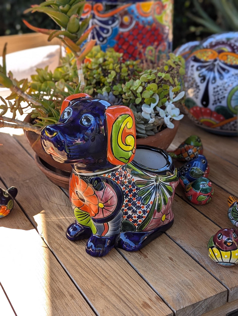 Talavera Dog Flower Pot for Outdoor Decor or Garden Decorations, Planter Pot is Handmade Mexican Pottery, great as Cute Dog Lover Gifts