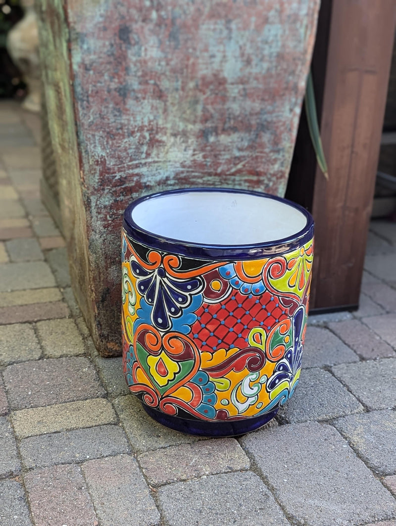 14" Tall Round Flower Pot Colorful Talavera Ceramic Planter is Handmade Mexican Pottery, Garden and Home Decor or Housewarming Gift