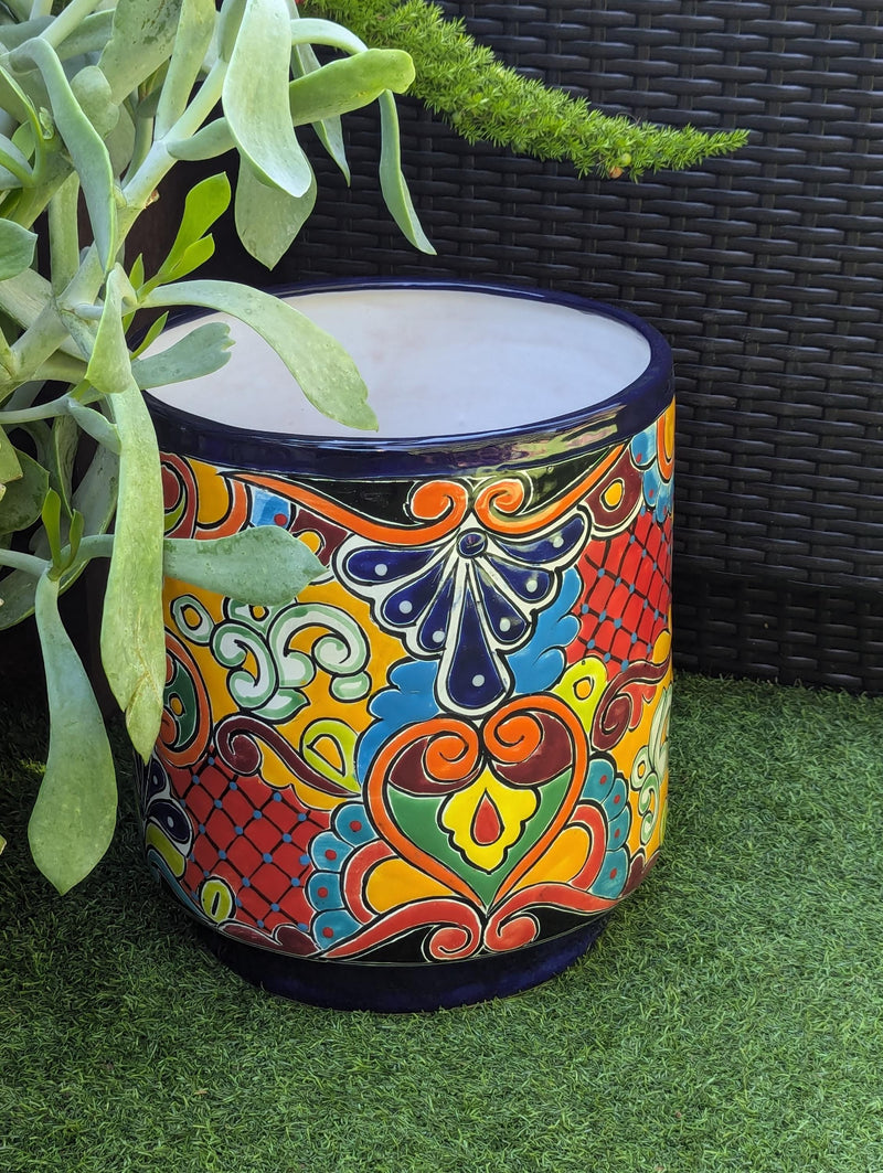 14" Tall Round Flower Pot Colorful Talavera Ceramic Planter is Handmade Mexican Pottery, Garden and Home Decor or Housewarming Gift