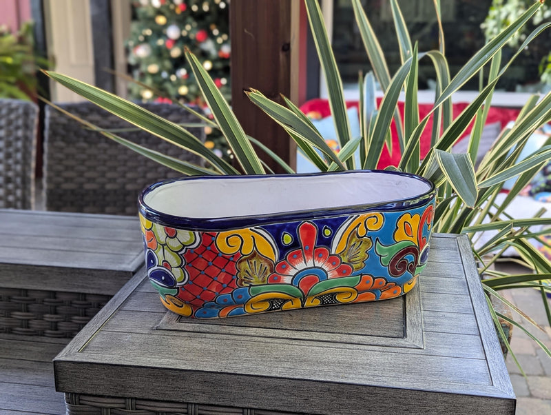 Oval Planter Talavera Pottery, Indoor or Outdoor Flower Pot, Ceramic Mexican Art as Housewarming Gift