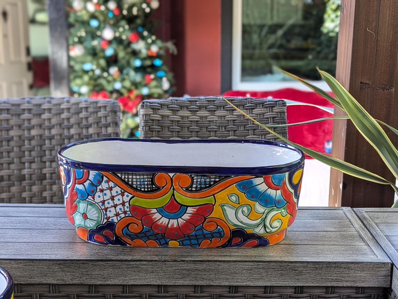 Oval Planter Talavera Pottery, Indoor or Outdoor Flower Pot, Ceramic Mexican Art as Housewarming Gift